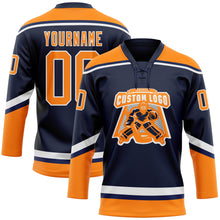 Load image into Gallery viewer, Custom Navy Bay Orange-White Hockey Lace Neck Jersey
