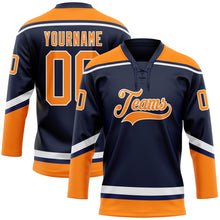 Load image into Gallery viewer, Custom Navy Bay Orange-White Hockey Lace Neck Jersey
