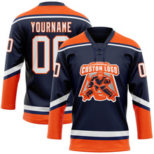 Charger l&#39;image dans la galerie, Custom Navy White-Orange Hockey Lace Neck Jersey
