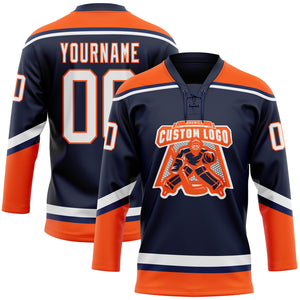 Custom Navy White-Orange Hockey Lace Neck Jersey