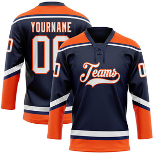 Custom Navy White-Orange Hockey Lace Neck Jersey