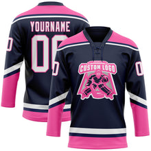 Laden Sie das Bild in den Galerie-Viewer, Custom Navy White-Pink Hockey Lace Neck Jersey

