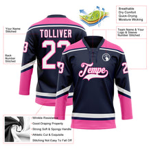 Laden Sie das Bild in den Galerie-Viewer, Custom Navy White-Pink Hockey Lace Neck Jersey
