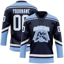 Load image into Gallery viewer, Custom Navy White-Light Blue Hockey Lace Neck Jersey
