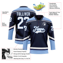 Laden Sie das Bild in den Galerie-Viewer, Custom Navy White-Light Blue Hockey Lace Neck Jersey
