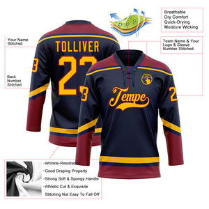 Custom Navy Gold-Crimson Hockey Lace Neck Jersey