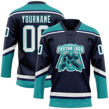 Load image into Gallery viewer, Custom Navy White-Teal Hockey Lace Neck Jersey
