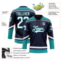 Load image into Gallery viewer, Custom Navy White-Teal Hockey Lace Neck Jersey
