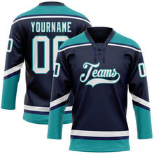 Load image into Gallery viewer, Custom Navy White-Teal Hockey Lace Neck Jersey
