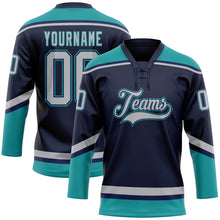 Load image into Gallery viewer, Custom Navy Gray-Teal Hockey Lace Neck Jersey
