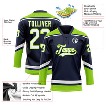 Laden Sie das Bild in den Galerie-Viewer, Custom Navy White-Neon Green Hockey Lace Neck Jersey
