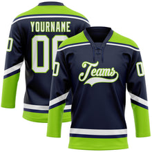 Load image into Gallery viewer, Custom Navy White-Neon Green Hockey Lace Neck Jersey
