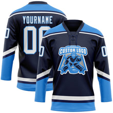 Load image into Gallery viewer, Custom Navy White-Electric Blue Hockey Lace Neck Jersey
