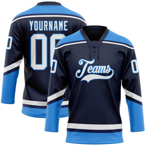 Custom Navy White-Electric Blue Hockey Lace Neck Jersey