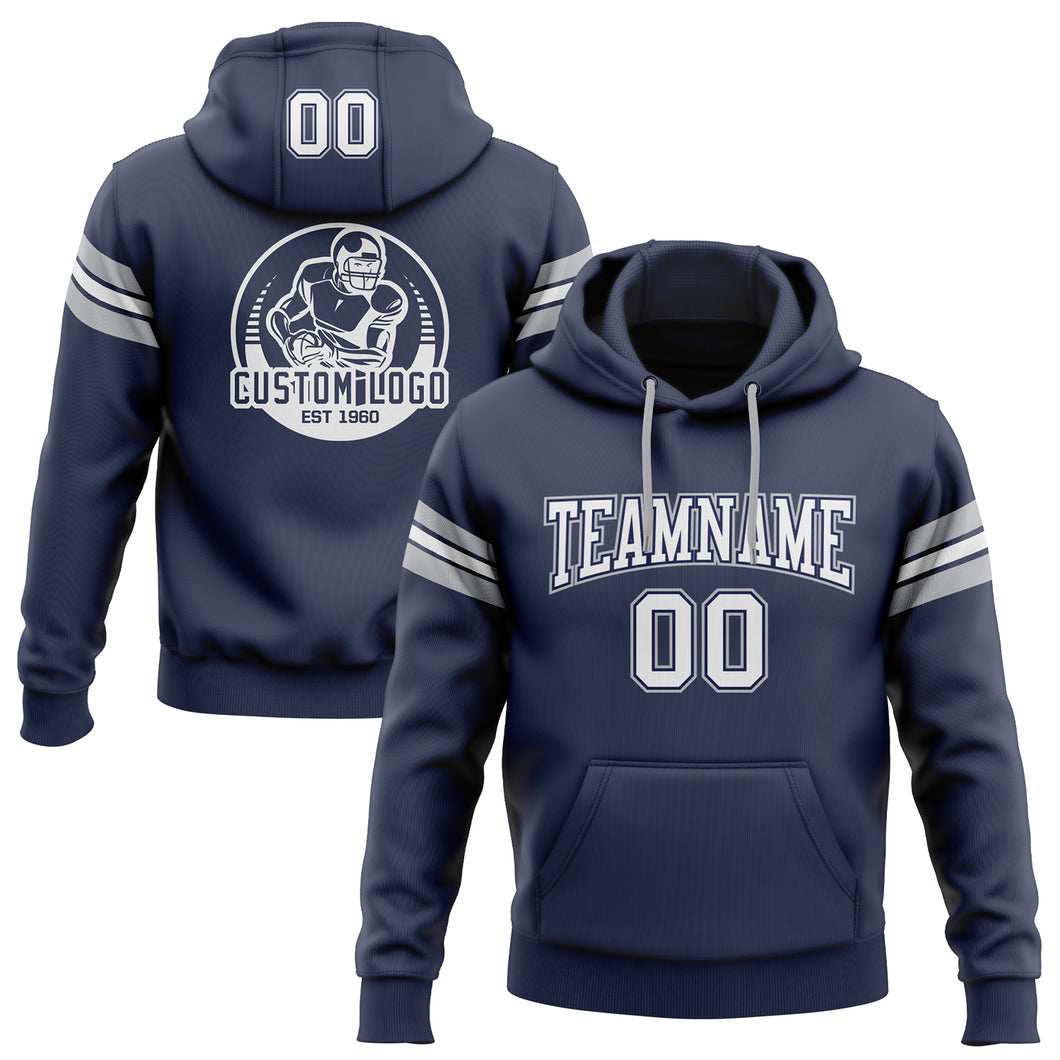 Custom Stitched Navy White-Gray Football Pullover Sweatshirt Hoodie