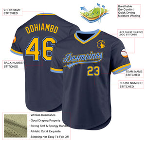 Custom Navy Gold-Light Blue Authentic Throwback Baseball Jersey