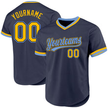Load image into Gallery viewer, Custom Navy Gold-Light Blue Authentic Throwback Baseball Jersey
