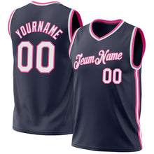 Laden Sie das Bild in den Galerie-Viewer, Custom Navy White-Pink Authentic Throwback Basketball Jersey

