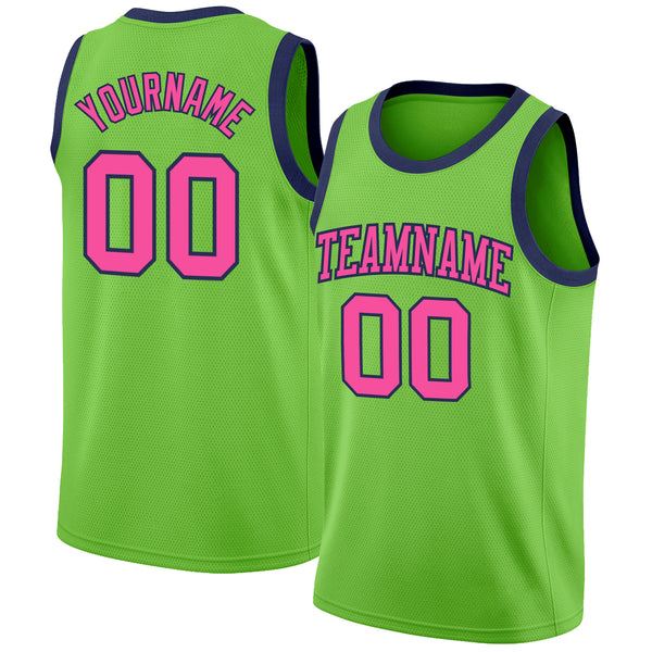 Custom Neon Green Pink-Navy Authentic Basketball Jersey Discount