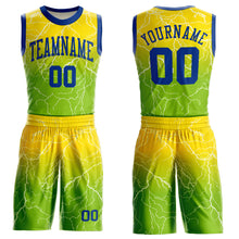 Laden Sie das Bild in den Galerie-Viewer, Custom Neon Green Royal-Gold Round Neck Sublimation Basketball Suit Jersey
