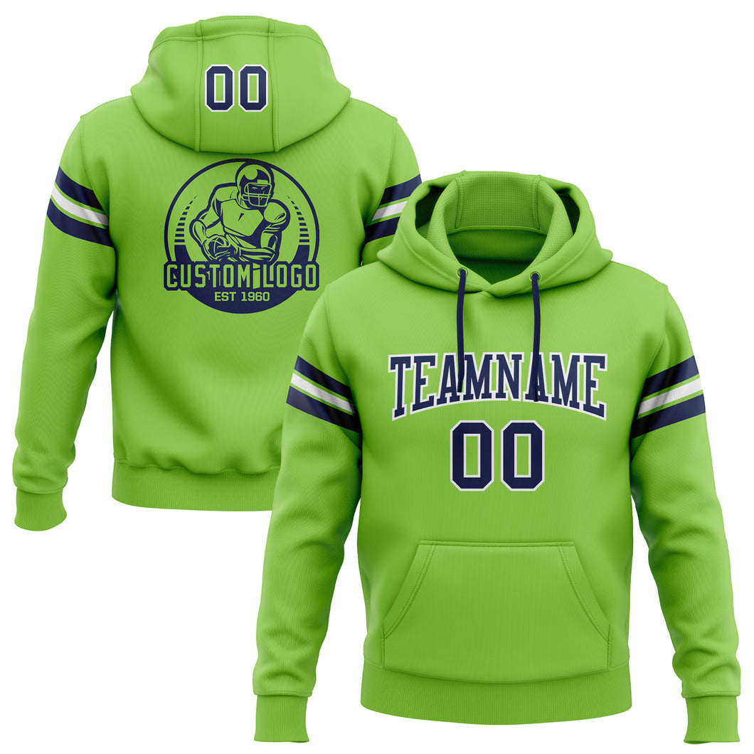 Custom Stitched Neon Green Navy-White Football Pullover Sweatshirt Hoodie