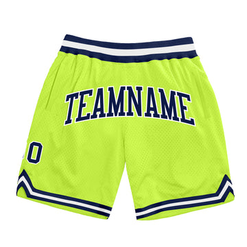 Custom Neon Green Navy-White Authentic Throwback Basketball Shorts