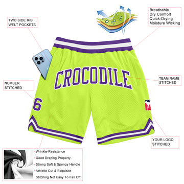 Custom Neon Green Purple-White Authentic Throwback Basketball Shorts