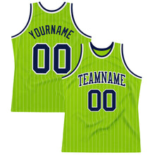 Laden Sie das Bild in den Galerie-Viewer, Custom Neon Green White Pinstripe Navy-White Authentic Basketball Jersey
