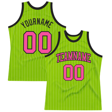 Custom Neon Green White Pinstripe Pink-Black Authentic Basketball Jersey