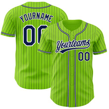 Load image into Gallery viewer, Custom Neon Green Navy Pinstripe Navy-White Authentic Baseball Jersey
