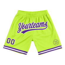 Laden Sie das Bild in den Galerie-Viewer, Custom Neon Green Purple-White Authentic Throwback Basketball Shorts
