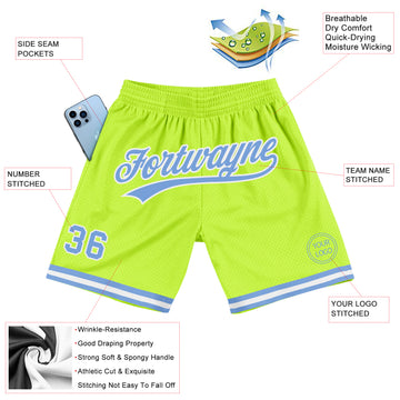 Custom Neon Green Light Blue-White Authentic Throwback Basketball Shorts