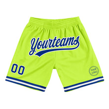 Laden Sie das Bild in den Galerie-Viewer, Custom Neon Green Royal-White Authentic Throwback Basketball Shorts
