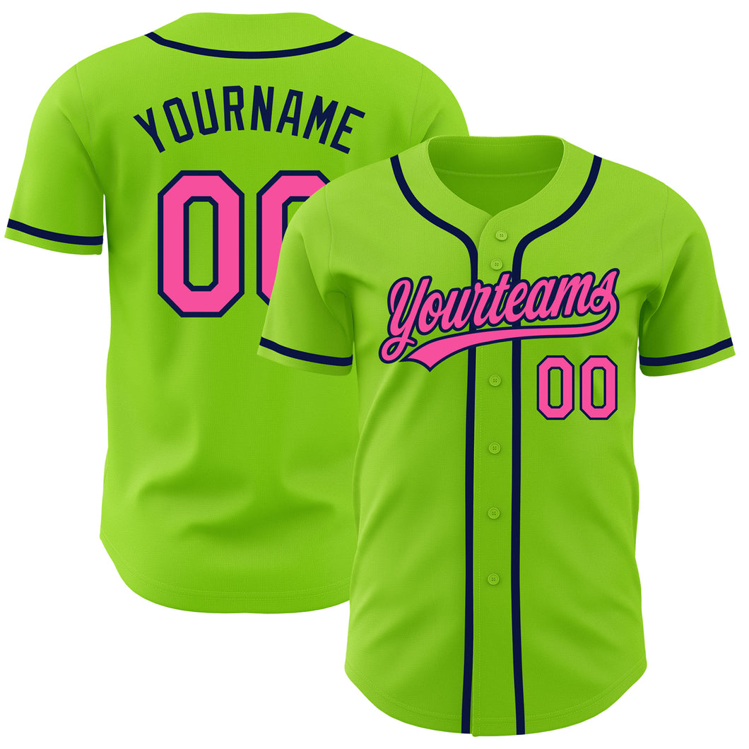 Custom Neon Green Pink-Navy Authentic Baseball Jersey