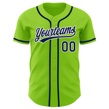 Load image into Gallery viewer, Custom Neon Green Navy-White Authentic Baseball Jersey
