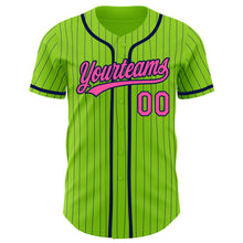 Load image into Gallery viewer, Custom Neon Green Navy Pinstripe Pink Authentic Baseball Jersey
