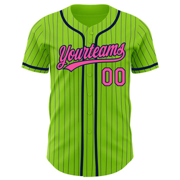 Custom Neon Green Navy Pinstripe Pink Authentic Baseball Jersey