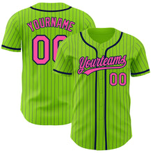 Load image into Gallery viewer, Custom Neon Green Navy Pinstripe Pink Authentic Baseball Jersey
