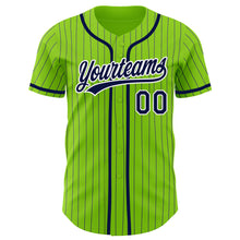 Load image into Gallery viewer, Custom Neon Green Navy Pinstripe White Authentic Baseball Jersey
