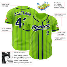 Load image into Gallery viewer, Custom Neon Green Navy Pinstripe White Authentic Baseball Jersey
