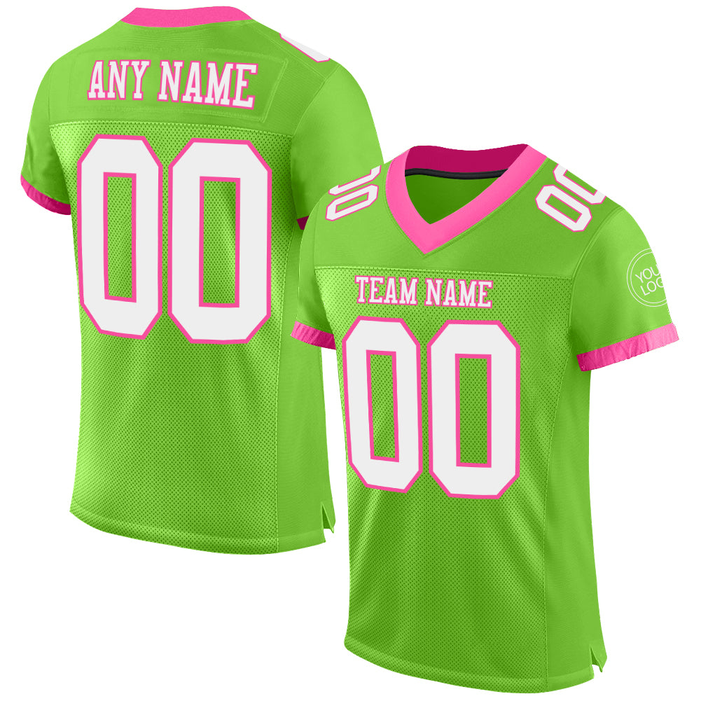 Custom Neon Green White-Pink Mesh Authentic Football Jersey