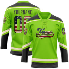 Laden Sie das Bild in den Galerie-Viewer, Custom Neon Green Vintage USA Flag Black-Cream Hockey Lace Neck Jersey
