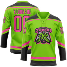 Laden Sie das Bild in den Galerie-Viewer, Custom Neon Green Pink-Black Hockey Lace Neck Jersey
