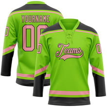 Laden Sie das Bild in den Galerie-Viewer, Custom Neon Green Medium Pink-Black Hockey Lace Neck Jersey
