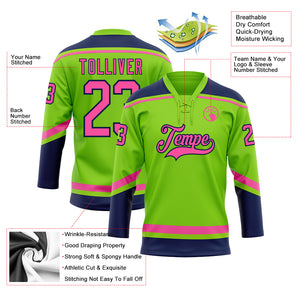 Custom Neon Green Pink-Navy Hockey Lace Neck Jersey