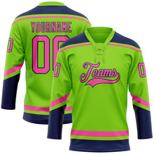 Laden Sie das Bild in den Galerie-Viewer, Custom Neon Green Pink-Navy Hockey Lace Neck Jersey
