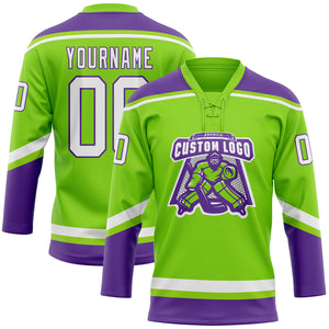 Custom Neon Green White-Purple Hockey Lace Neck Jersey