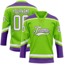 Laden Sie das Bild in den Galerie-Viewer, Custom Neon Green White-Purple Hockey Lace Neck Jersey
