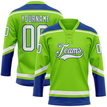 Load image into Gallery viewer, Custom Neon Green White-Royal Hockey Lace Neck Jersey
