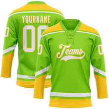 Laden Sie das Bild in den Galerie-Viewer, Custom Neon Green White-Yellow Hockey Lace Neck Jersey
